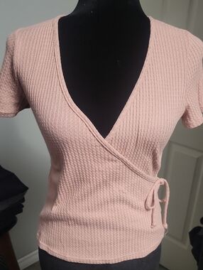 Paper Crane Small Waffle Print Faux Wrap Pink Top